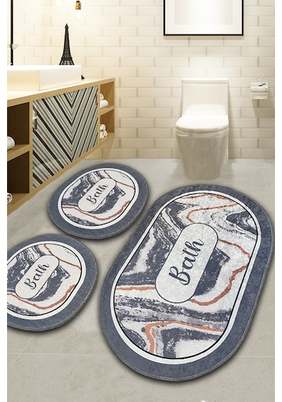 Lomm Gri 60x100 50x60 50x60 Kaydırmaz Tabanlı 3'lü Banyo Paspas Seti Takımı Gri-uclu
