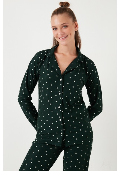 Lela Streç Standart Fit Düğmeli Bayan Pijama Takımı 60956601 Yeşil