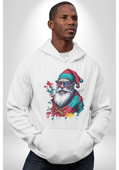 Renkli Noel Baba Yeni Nesil Gözlüklü Kadın Erkek Beyaz Kapüşonlu Sweatshirt Hoodie Beyaz