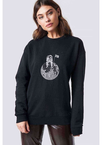 Astronot 01 Baskılı Siyah Kadın Sweashirt