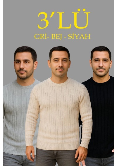 Erkek Fitilli Triko Kazak 3lü Set Bej Gri Siyah Regular Fit Bisiklet Yaka Triko Seti Kazak Modeli Siyah - Bej - Gri