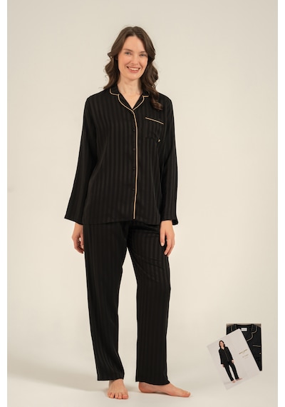 Pierre Cardin 9305 Saten Önden Düğmeli Uzun Kol Kadın Pijama Takımı Siyah