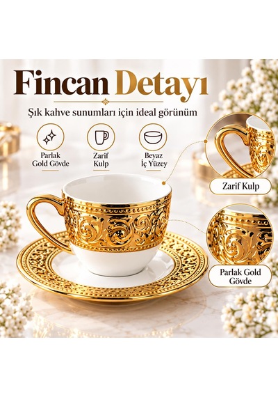 Valkyrie Harem Serisi 6 Kişilik 12 Parça Kahve Fincan Takımı Gold Detaylı Şık Fincan Seti Beyaz Altın