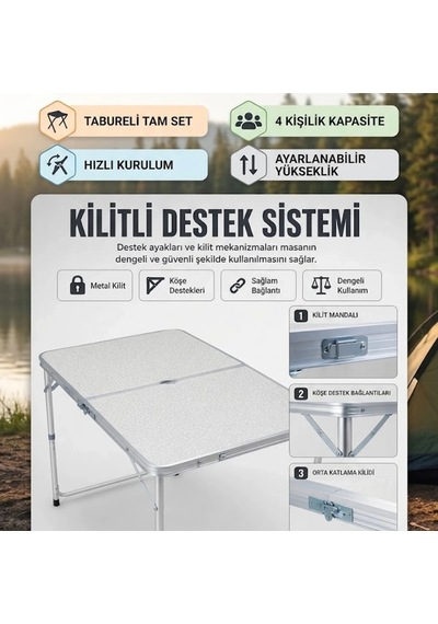 4 Kişilik Ayarlanabilir Katlanabilir Kamp Masası Ve Tabure Seti 50-65 Cm Yükseklik Çok Renkli