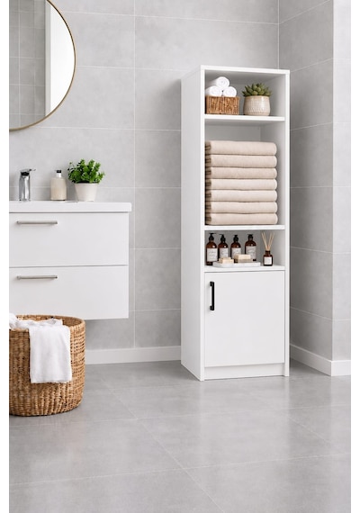 Rudu Duru Çok Amaçlı Banyo Dolabı Düzenleyici 45x34x156 Cm 1 Kapaklı 5 Raflı Beyaz