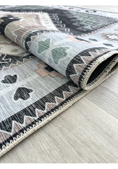 Geometrik Madalyon Desenli Siyah Ve Gri Etnik Halı - Ar856bg Siyah - Gri