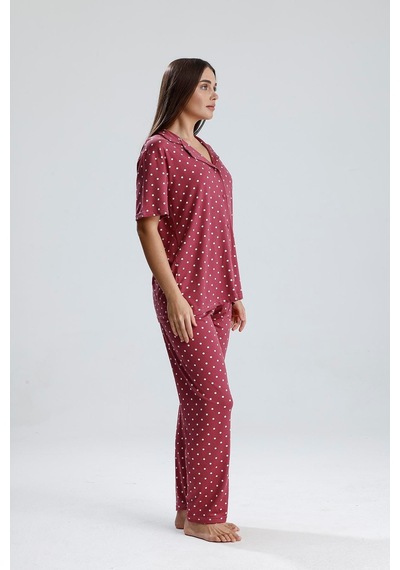 Kompedan Kadın Puantiye Desen Önden Düğmeli Pijama Takım Mürdüm P. Mürdüm