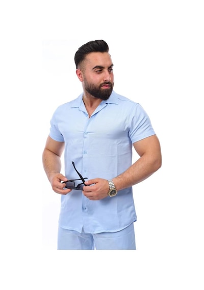 Mcz Giyim Keten Bebe Mavisi Renk Slim Fit Erkek Şort - Gömlek Alt Üst Takım