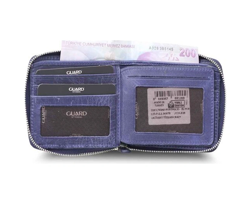 Guard Antique Navy Blue Zipper Horizontal Mini Leather Wallet Çok Renkli