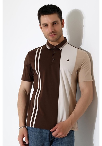 Rıbana Classıc Erkek Çizgili Şerit Detaylı Pamuklu Polo Yaka T-shirt Kahverengi