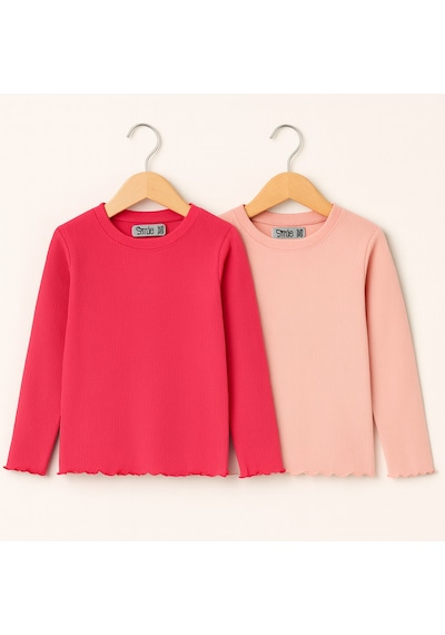 Smile Kids Kız Çocuk 2'li Kaşkorse Uzun Kol T-shirt Pembe