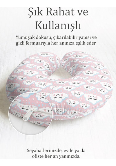 Sevimli Bulut Desenli Pamuklu Boyun Yastığı - Pastel Pembe Mavi Çocuk & Yetişkin Seyahat Yastığı Tozlu Dumanlı Fildişi