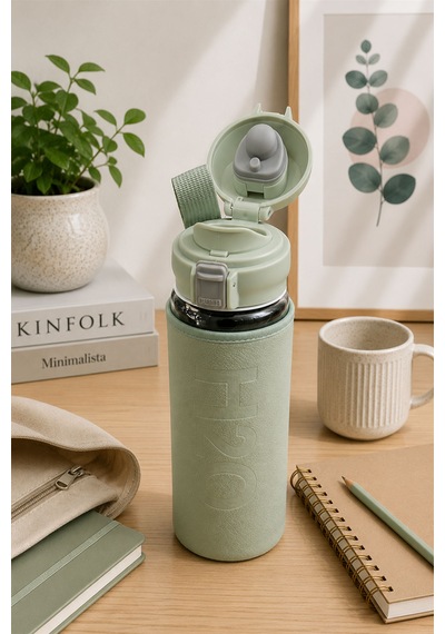 H2o Pastel Renk Kılıflı Kilit Kapaklı 500 Ml Cam Matara Sızdırmaz Ofis Ve Spor İçin Koruyucu Kılıflı Cam Suluk Haki