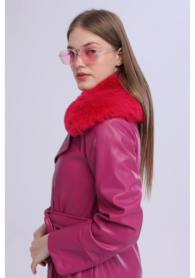 Selectmoda Kadın Peluş Yaka Deri Görünümlü Uzun Kaban Pembe