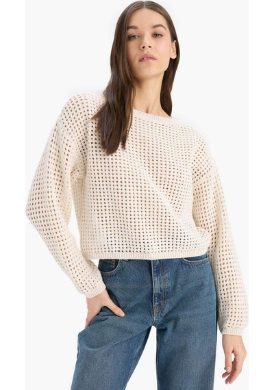 DeFacto 	Regular Fit Bisiklet Yaka Kroşe Triko Kazak T4513AZ25SPER223 Ekru