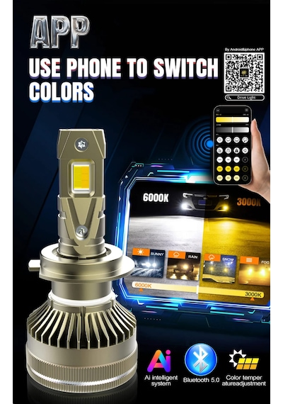 H4 Led Zenon App Kontrolü Bluetooth İle Telefondan 2700k-6500k Renk Değiştiren Araba Farı 2wat-80wat App Uygulama Üzerinden İstenilen Ayar Yapılır Şimşek Etkili 1