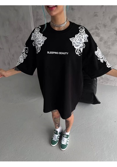 Unisex Flok Kabartma Baskılı T-shirt - Siyah Siyah