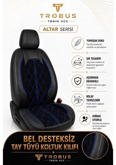 Dacia Jogger 2022+ Uyumlu Altar Serisi Tay Tüyü Oto Koltuk Kılıfı Siyah Mavi