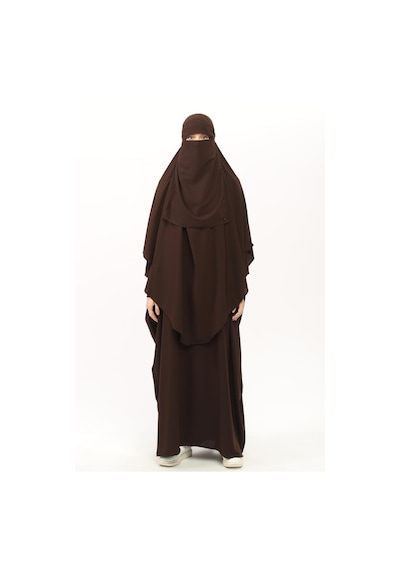 Altobeh Sultanbaş Nikaplı Çarşaf Cilbab Khimar Abaya Kolu Lastikli Hakim Yaka Peçeli Ferace Medine İpek Kahverengi 1412-12-s-m Kahverengi