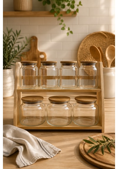 Prime Ekstra - 2 Katlı Saklama Kabı Organizer Bambu Standlı Baharatlık Seti Kaşık Hediyeli Diğer