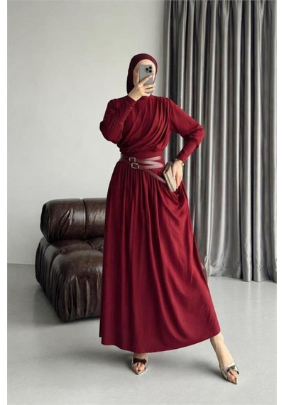 Neşeli Butik Kadın Kırmızı Drapeli Kemer Detaylı Sandy Kumaş Premium Tesettür Elbise Nms090 Neşeli Butik Kadın Kırmızı Drapeli Kemer Detaylı Sandy Kumaş Premium Tesettür Elbise Nms090