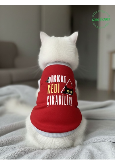 Dikkat Kedi Çıkabilir Yazılı Kırmızı Kedi Ve Köpek Kıyafeti Elbisesi