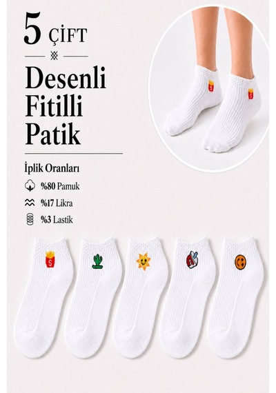 Worthy Socks 5'li Kadın Renkli Eğlenceli Beyaz Patik Çorap Seti