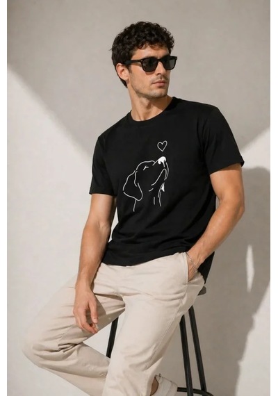 Veraura Lifestyle Erkek Köpek Figürlü Minimal Baskılı Tişört Kısa Kol Yazlık T-shirt - Siyah