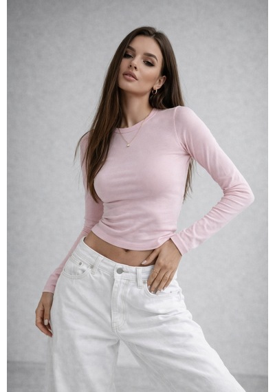 Wild Bee Kadın Toz Pembe Bisiklet Yaka Uzun Kollu Basic Bluz