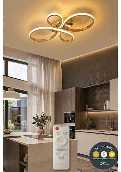 Liya Modern Kumandalı Led Plafonyer Avize 3 Renk Salon, Yemek Odası Ve Oturma Odası İçin Altın