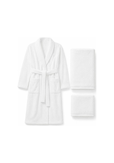 3 Parça Tek Kişilik Banyo Bornoz Ve Havlu Seti %100 Pamuk Serena Collection Beyaz