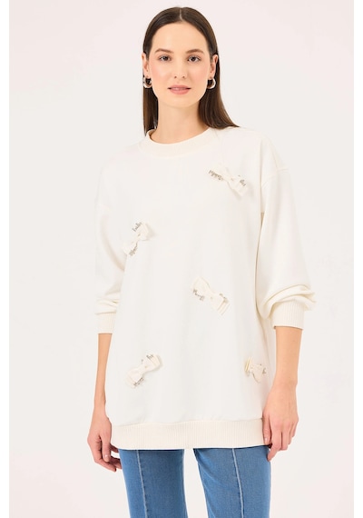 Seçil Kadın Yuvarlak Yaka Taş Detaylı Sweatshirt 1020 Ekru Ekru