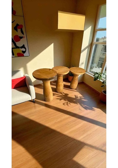 3'lü Ahşap Mantar Zigon Sehpa Seti Tik Renk Masif Doğal Yan Sehpa Takımı Tik Ağacı