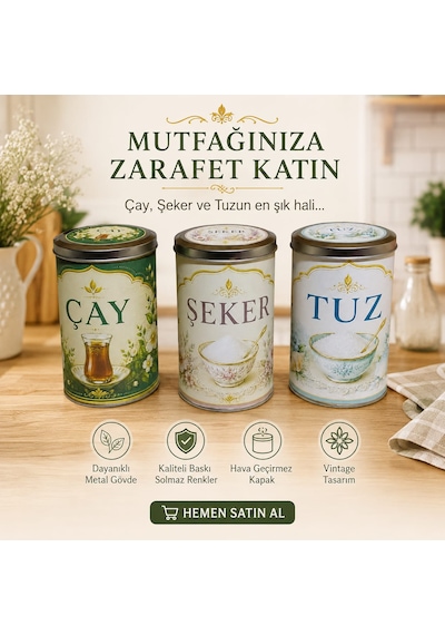 Vintage Çay Şeker Tuz Saklama Kutusu Seti Metal Gövdeli Dekoratif Mutfak Kavanozu 3'lü Set Çok Renkli