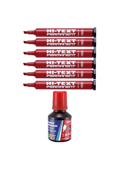 Hi-text Kesik Uçlu Markör Permanent Kalem 6 Adet ve Brons Mürekkep Kırmızı 30 ML