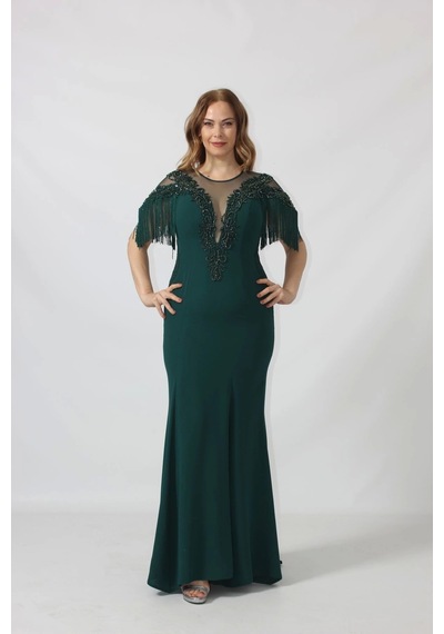 Moda Berray 80099 İşlemeli Püsküllü Büyük Beden Uzun Abiye Siyah Yeşil