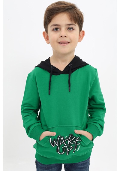 Toontoy Kids Toontoy Erkek Çocuk Relax Fit Kapüşonlu Cepli Renk Bloklu Baskılı Sweatshirt - 2 İplik Çimen Yeşili