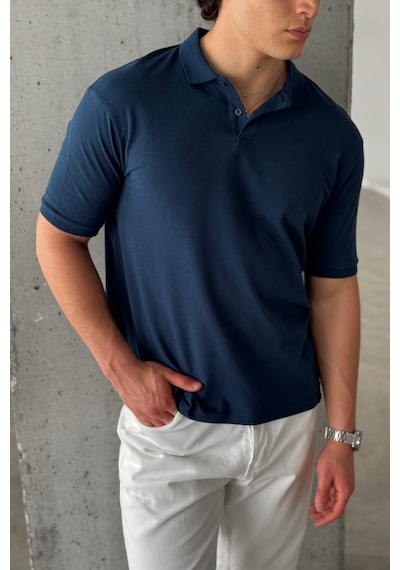 Erkek %100 Pamuk Düğmeli Polo Yaka T-shirt Lacivert