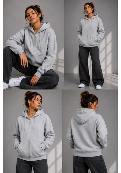Bb Butik Basic Kadın Oversize Fermuarlı Kapüşonlu Sweatshirt Üç İplik Sweatshirt Hırka My3535 Gri Bb Butik Basic Kadın Oversize Fermuarlı Kapüşonlu Sweatshirt Üç İplik Sweatshirt Hırka My3535 Gri