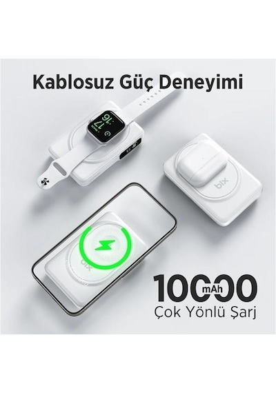 Bix 10000mah Tpb16-we 6'sı 1 Arada Oled Ekranlı Beyaz Kablosuz Powerbank Siyah