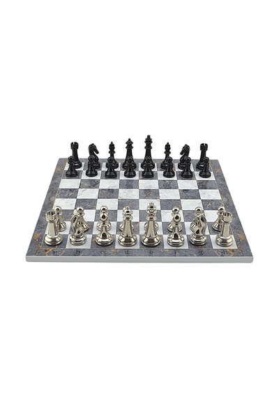 Gifthome Premium Black Metal Klasik Satranç Takımı Ve Gri Mermer Desenli Mdf Satranç Tahtası 37x37 Cm.