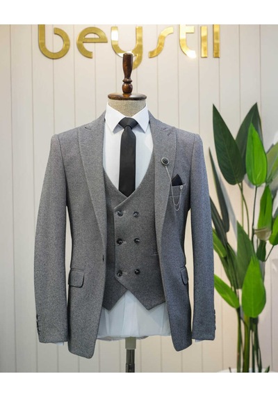 Beystil Sivri Yaka Koyu Gri Takım Elbise Elanor- Slim Fit Koyu Gri