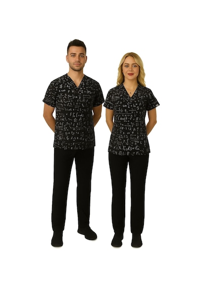 Unisex Formül Desenli Likralı Doktor Hemşire Öğretmen Cerrahi Scrubs Üniforma Takım Siyah