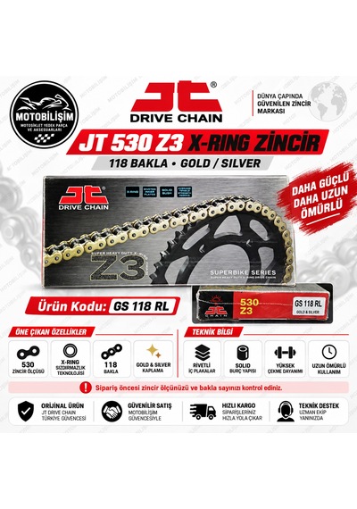Motosiklet Zinciri 530 X-ring 118 Bakla Gold Jt Z3 Güçlendirilmiş Zincir
