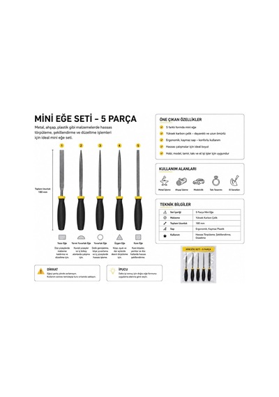 Tr Mini Eğe Seti, 6 Parça, 5x180 Mm, Çelik, Kaymaz Saplı, Metal Ve Ahşap İşleme İçin