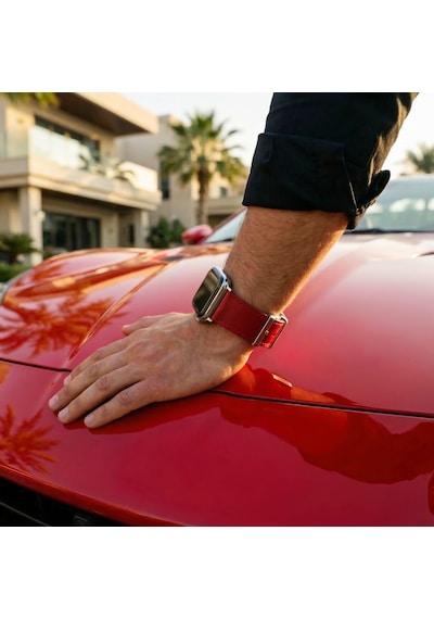 Goldoni Apple Watch Uyumlu Kırmızı İnce Gerçek Deri Kordonu Metal Köprülü