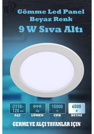 9 W Beyaz Sıva Altı Yuvarlak Led Panel 6500 K Yüksek Kalite Beyaz - Beyaz