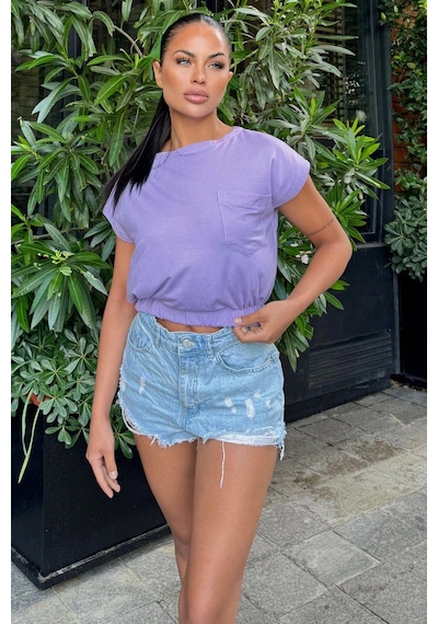 Kadın Lila Yarım Kol, Geniş Yaka, Tek Cepli, Beli Lastikli Rahat Crop Bluz Lila