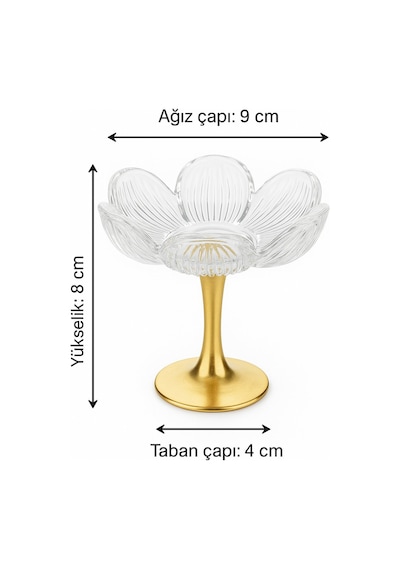 Uzun Metal Gold Ayaklı Lotus Çiçeği Kahve Yanı Cam Lokumluk Drajelik Seti - 6 Adet Gold
