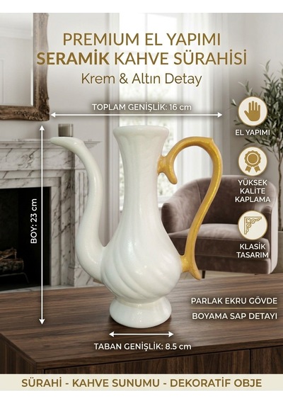 Premium Seramik Krem & Altın Boyama Sürahi - Antik Stil Dekoratif Salon & Antre Objesi Beyaz  - Altın